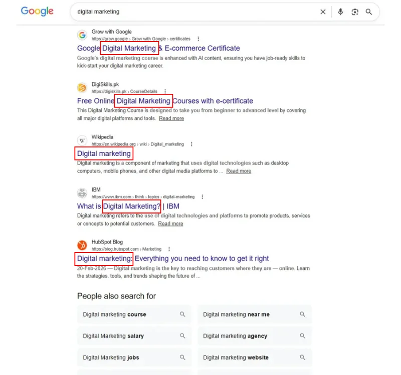 Google search results page for the digital marketing keyword