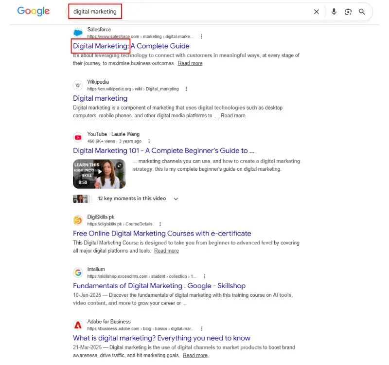 Google search result demonstrating the primary keyword at the beginning of a title tag for better SEO relevance