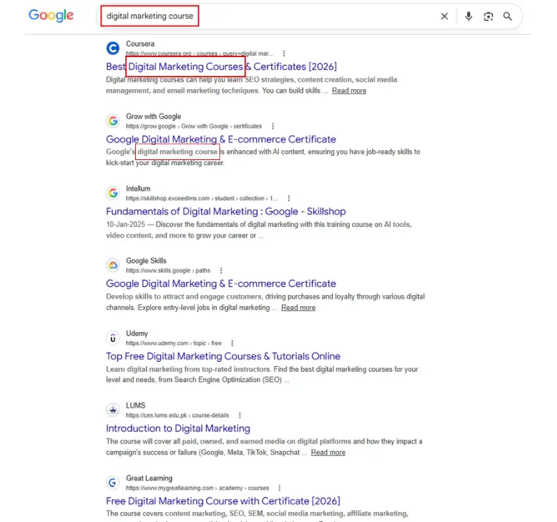 Google search results showing SEO title tags that match the informational search intent for a digital marketing course